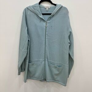 St John Marie Gray hooded light Blue Sweater Size Medium wool blend full zip